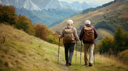 Elderly couple hiking backpacks adventure mountains.