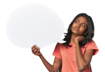 Indian woman with dialogue bubble touching back of head, thinking and making a choice.