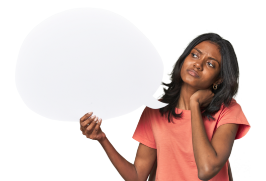 Indian woman with dialogue bubble touching back of head, thinking and making a choice.