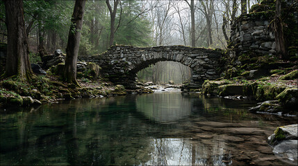Stone bridge over a serene river in a lush forest during a quiet, misty morning