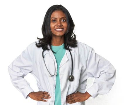 Young Indian doctor with stethoscope confident keeping hands on hips.