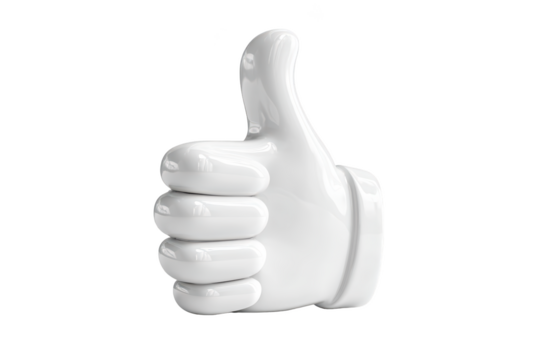 Glossy white thumb up gesture, isolated on black, indicating positive agreement