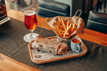 Beer with Wrap Fries and Cheese Dip on Tray