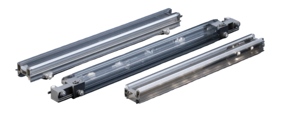 Multiple linear metal tracks,  various lengths and shades of gray