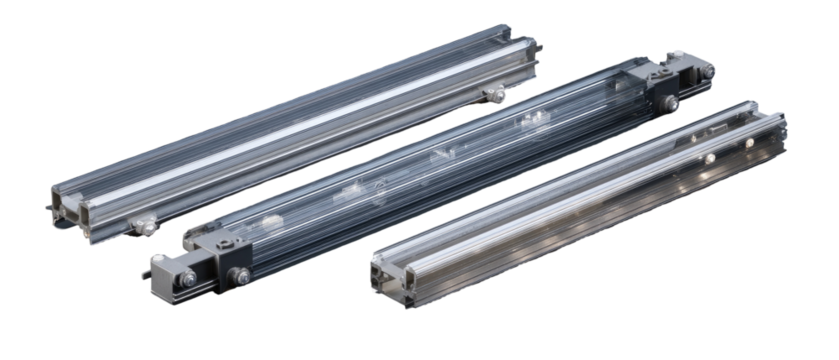 Multiple linear metal tracks,  various lengths and shades of gray