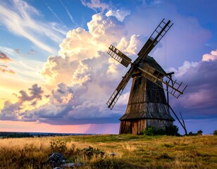 Naklejka premium A majestic wooden windmill stands tall against a dramatic sunset sky filled with colorful clouds.