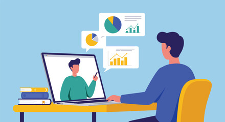 Fototapeta premium Online learning session, virtual meeting concept, remote education, business presentation, data analysis, e-learning, professional training, webinar, digital classroom, remote work