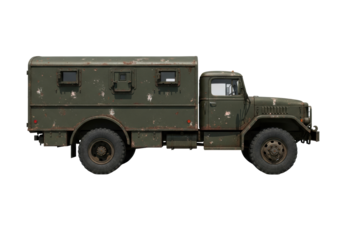 Weathered olive drab vintage military-style cargo truck with reinforced plating, worn tires, rust, on a white studio background with sharp shadow, off-grid survival concept
