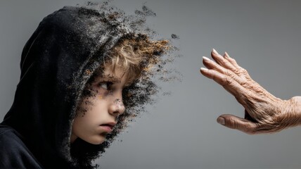 Teen boy facing elderly hand with dissolving hoodie effect – perfect for youth mental health themes and child abuse awareness