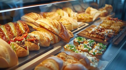Fast food display case with pastries and sandwiches