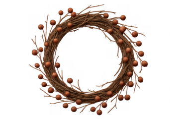 Round wreath made of twigs and berries isolated on transparent background