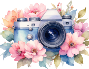 Retro DSLR Camera Decorated with Watercolor Floral Elements
