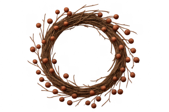 Round wreath made of twigs and berries isolated on transparent background