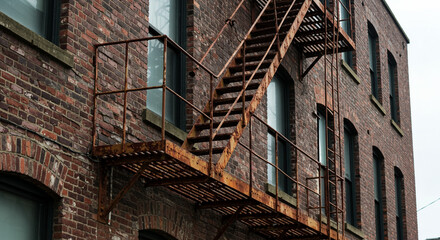 Weathered brick building with rusty fire escape evokes urban decay and historical architecture