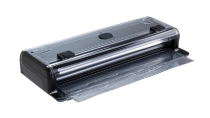 A countertop food vacuum sealer.  A  silver/black machine with transparent protective casing.  A roll of vacuum sealing film is visible