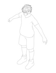 A determined boy with outstretched arms wears headphones and a blue striped shirt against a white background.