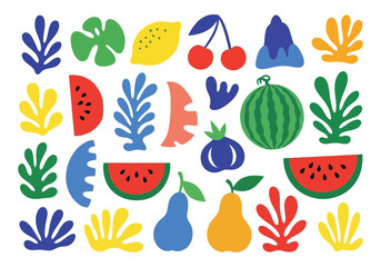 Vibrant matisse inspired abstract cutouts of fruits and botanicals for modern design vector