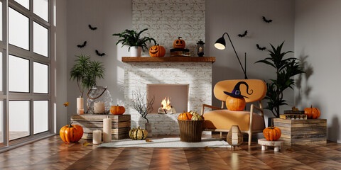 Halloween themed living room with pumpkins and cozy seating. 3D render illustration