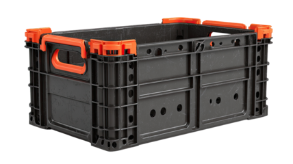 Dark gray plastic storage container with orange handles