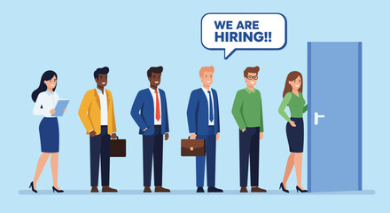 Job interview lineup, recruitment concept, diverse candidates, hiring process, employment opportunity, career growth, HR strategy, talent acquisition, workplace diversity, professional applicants