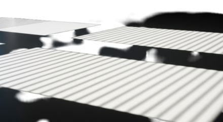 Sharp parallel shadows from horizontal window blinds falling across a pristine, transparent, smooth wall indoors, illuminated by strong directional sunlight. Concept of urban minimalism