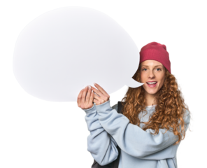Redhead student with speech bubble, studio backdrop