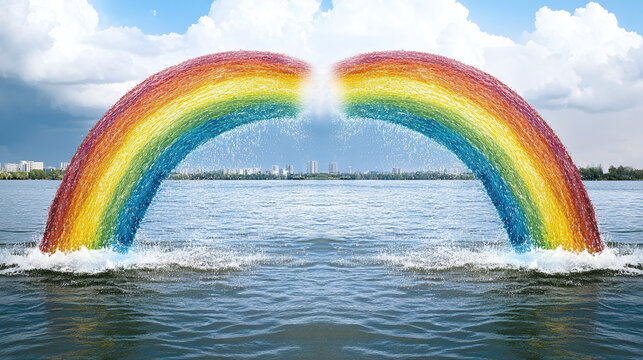 Vibrant Rainbow Waterfall Displays a Colorful Natural Wonder Over Serene Lake Scene