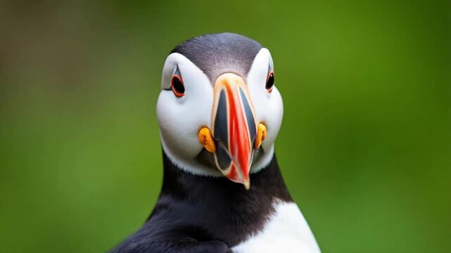 Charming Atlantic Puffin Close-Up Video Portrait with a Vibrant Beak and Playful Expression on Green, Perfect for Nature and Wildlife Projects