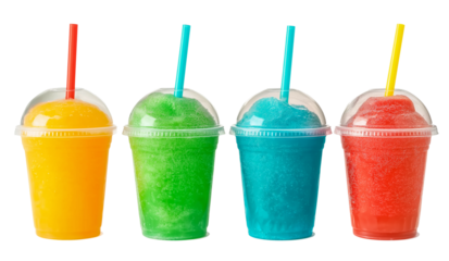 Four different-colored slush drinks in plastic cups with straws