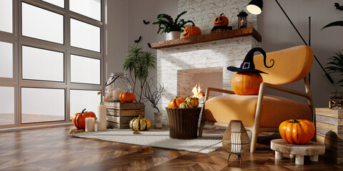 Charming Halloween living room with pumpkins and cozy atmosphere. 3D render illustration