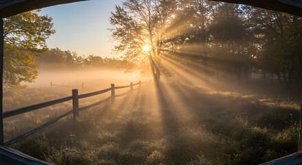 Golden Sunrise: Sunbeams pierce through the morning mist, illuminating a serene countryside scene, with a wooden fence guiding the eye towards the golden light of a new day.