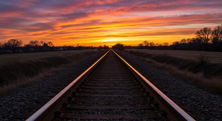 Dramatic sunset over railway tracks guides the eye to the horizon with vibrant colors