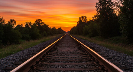 Fototapeta premium Vibrant sunset over railway tracks leading into the distance with golden light and trees