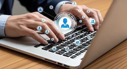 Close up of business person s hands typing on a laptop with digital network connections and user icons overlayed