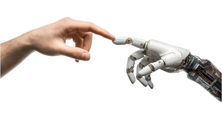 Human hand reaching out to touch a robotic hand on transparent background, cutout