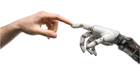 Human hand reaching out to touch a robotic hand on transparent background, cutout
