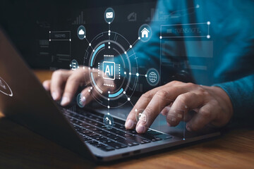 Close-up of skilled hands typing on a laptop screen displaying futuristic digital network and glowing data flow for technology and cybersecurity concepts