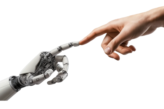 Human hand reaching out to touch a robotic hand on transparent background, cutout