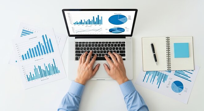 Overhead view of hands typing on a laptop displaying financial charts and graphs with reports