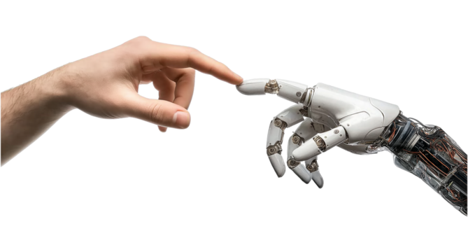 Human hand reaching out to touch a robotic hand on transparent background, cutout