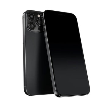 A black iPhone with rounded edges, placed on its side to showcase the phone's screen and camera lens