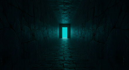 Illuminated Pathway: A mysterious doorway radiates an ethereal glow at the end of a dark stone tunnel, evoking curiosity and anticipation.