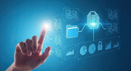 Human finger touching a futuristic holographic interface displaying glowing digital data and charts on a blue background