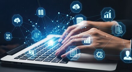 Hands typing on a laptop surrounded by glowing digital icons representing data and technology concepts