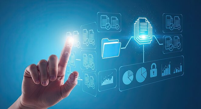 Human finger touching a futuristic holographic interface displaying glowing digital data and charts on a blue background