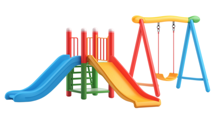 A set of colorful children's playground equipment, such as slides and swings