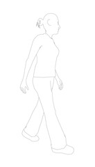 A woman walks confidently with her back turned, outlined in black against a white background, wearing jeans and a ponytail.