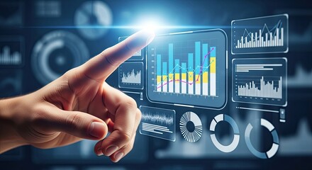 Human finger touching a futuristic holographic display showing financial charts and data analytics