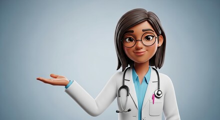 Friendly cartoon female doctor wearing glasses and stethoscope presenting with open palm