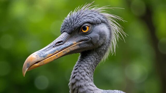 Shoebill Stork Portrait in 4K Video Footage Majestic Bird with Shoe Shaped Bill and Steely Gaze Reptilian Calm and Soft Green Background